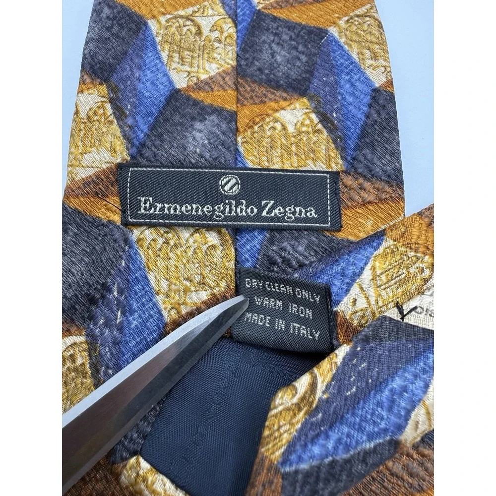 Ermenegildo Zegna‎ Silk Tie Italy Blue Gold Brown Geometric Medallion Wide